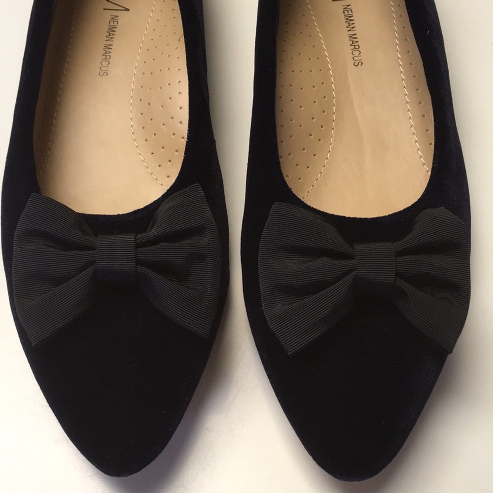 Neiman Marcus Dark Blue Suede Flats with Black Bow